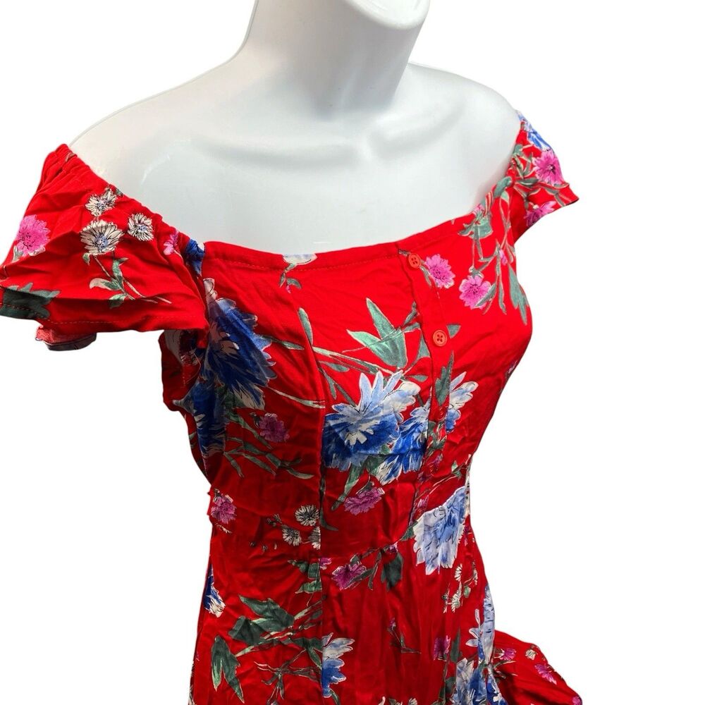 Band of Gypsies Maxi Dress Womens S Red Floral Off Shoulder Waist Tie‎ Romantic - Picture 3 of 11